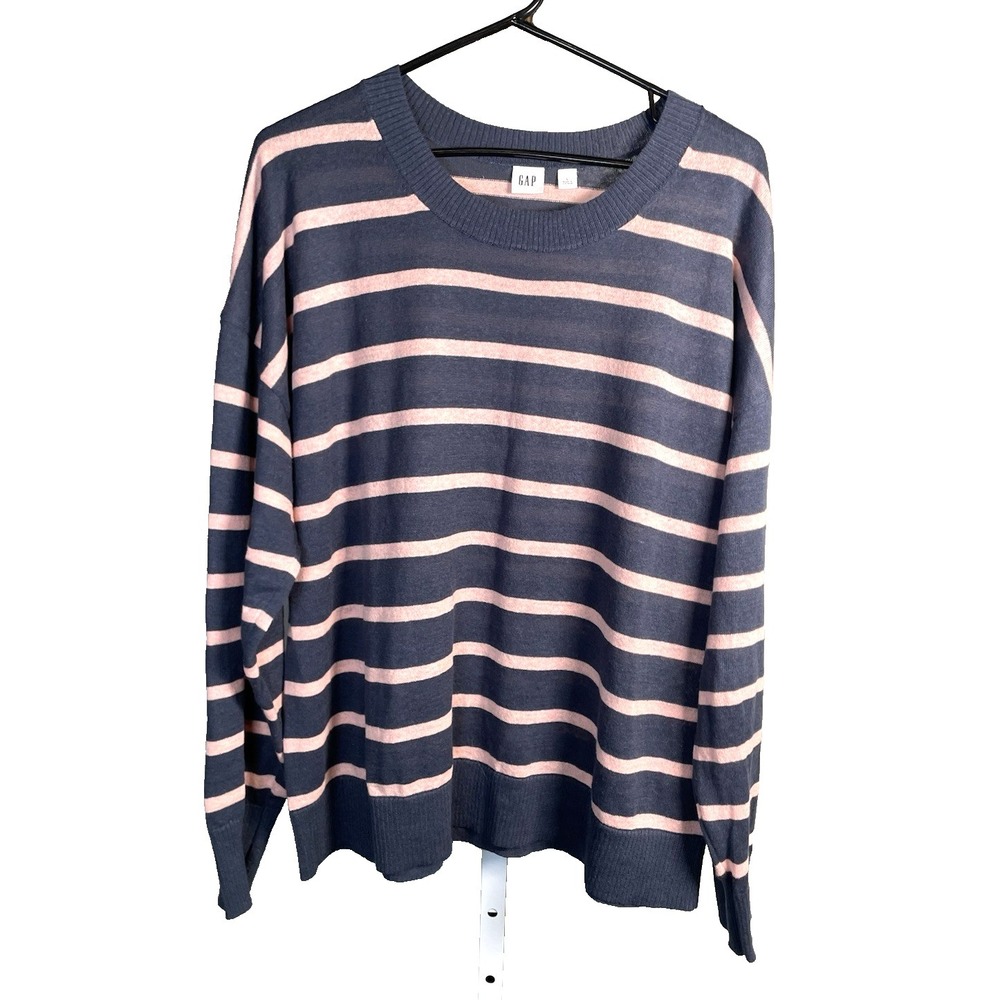 Women's Gap Linen Sweater Large Lightweight Pullover Striped Gray‎ Pink Casual